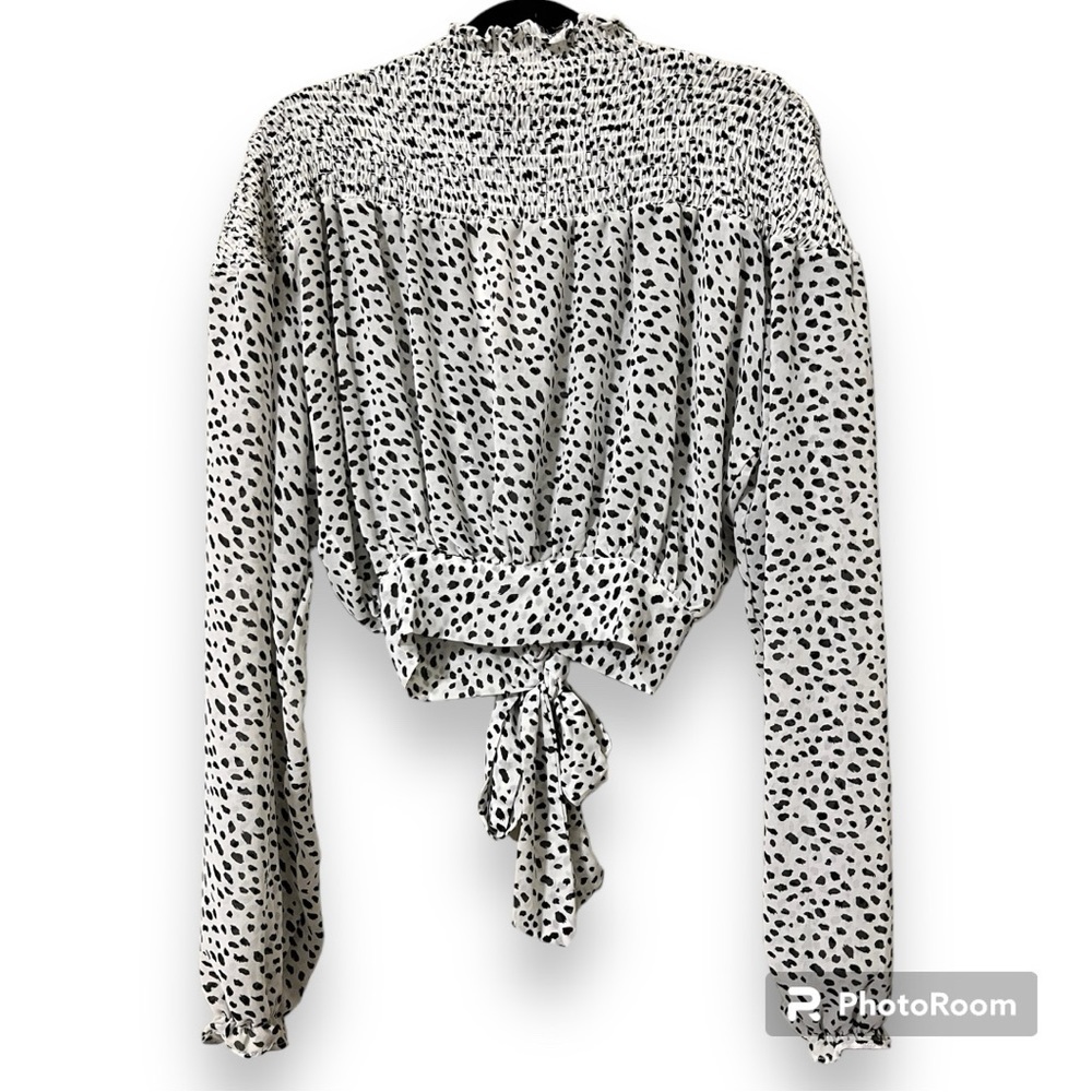 Pink Diamond women’s small crop blouse mock neck bishop sleeve keyhole back ties